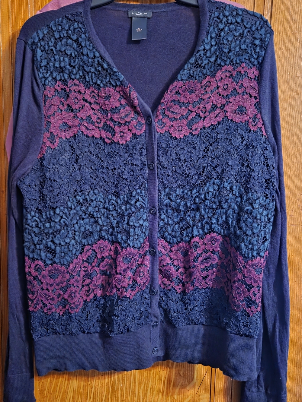 Ann Taylor Navy Cardigan with Magenta, Green And Navy Lace Panels- Size XL